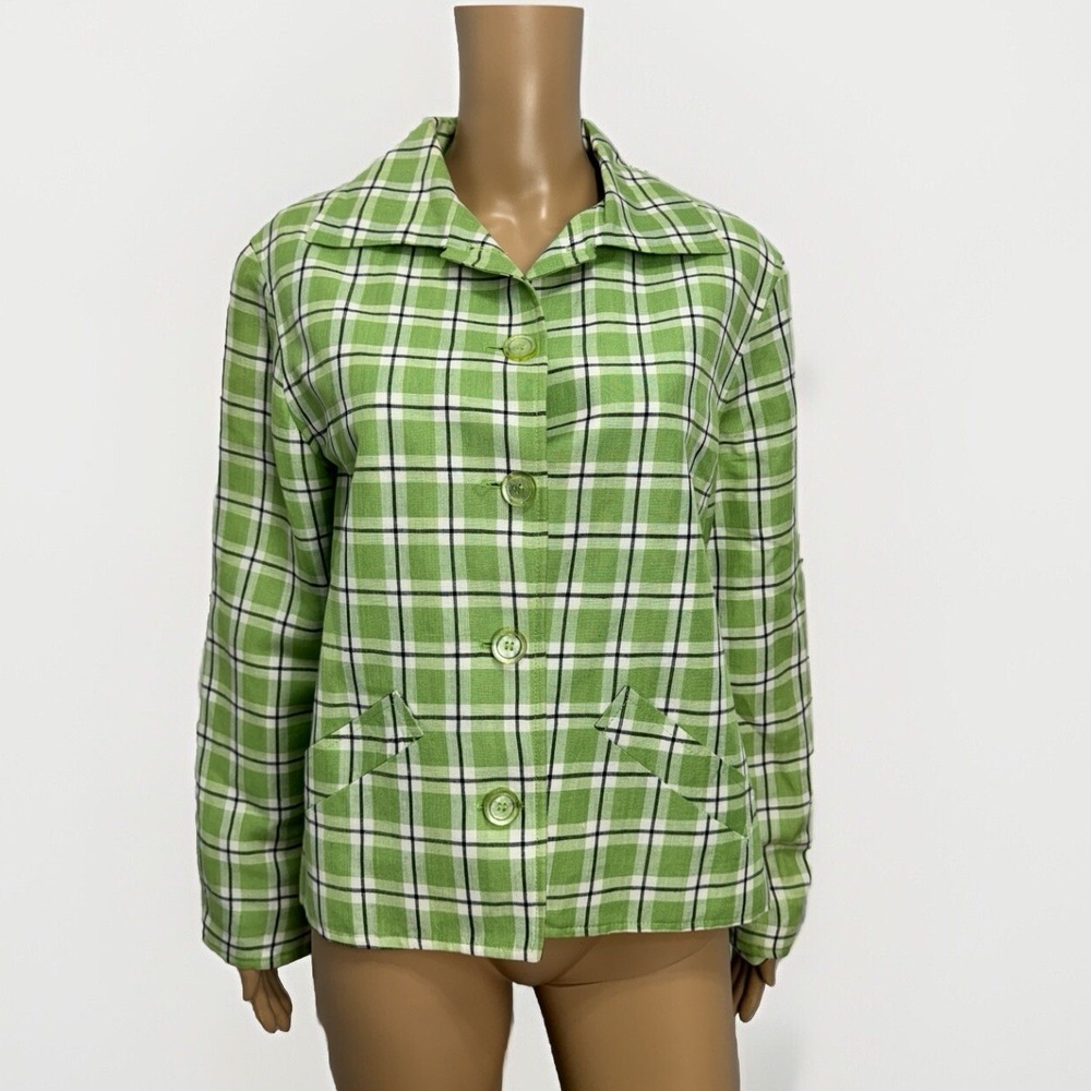 VTG Donnybrook ALANNI Green Plaid Linen Blazer Sz 10 Cropped Preppy 90s USA Made